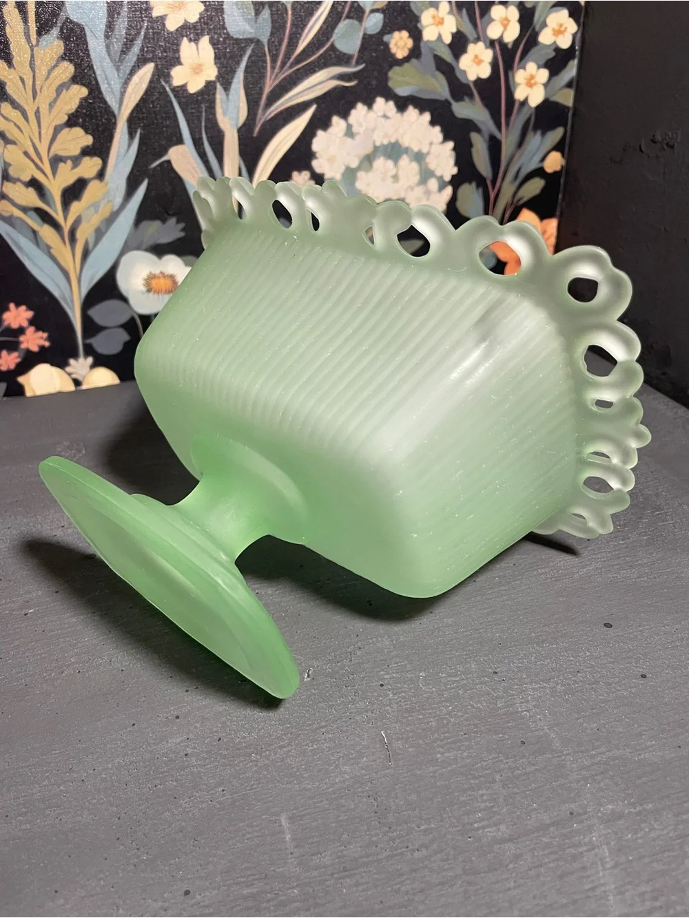 Frosted Sea Green Pedestal Compote Candy Dish MCM Vintage